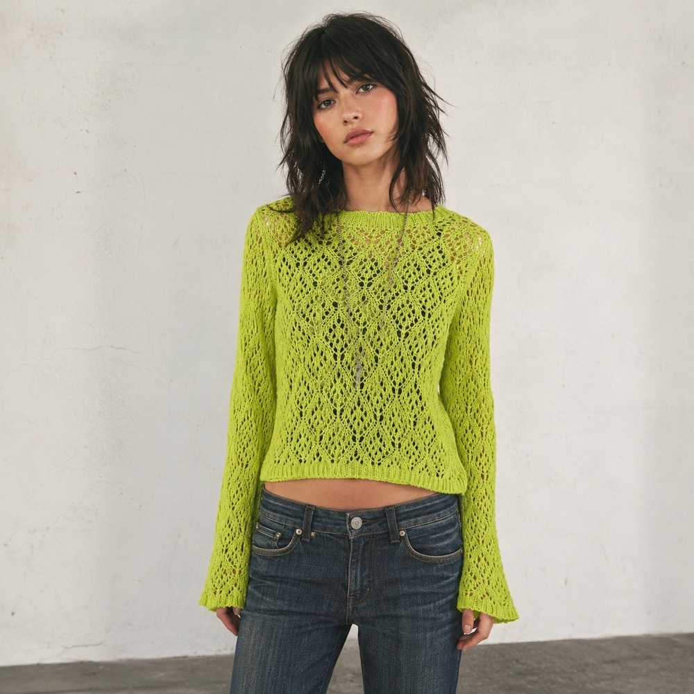 LIZETTE COLLECTION Crochet Pointelle Bell Sleeve Crop Sweater Neon Green Sz L